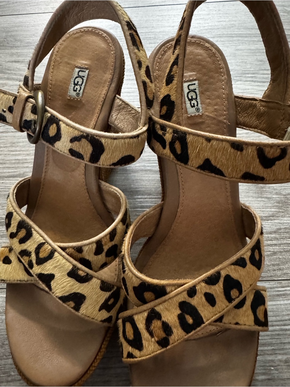UGG Leopard Print Strappy Sandals in Tan and Black